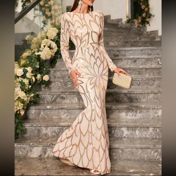 Luxe long sleeve party formal sequins dress Wedding